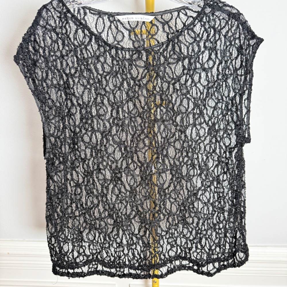 Peter Nygard Lace Shell Top Womens M Black Metallic Sheer Open Knit 31007687